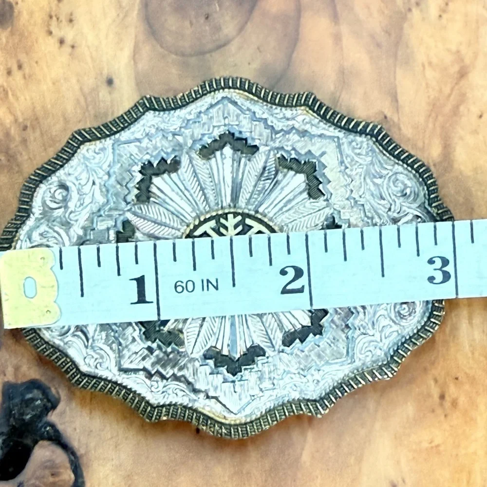 VINTAGE Crumrine SILVER PLATE Belt Buckle - Ornate Western Buckle 3” x 2.25”